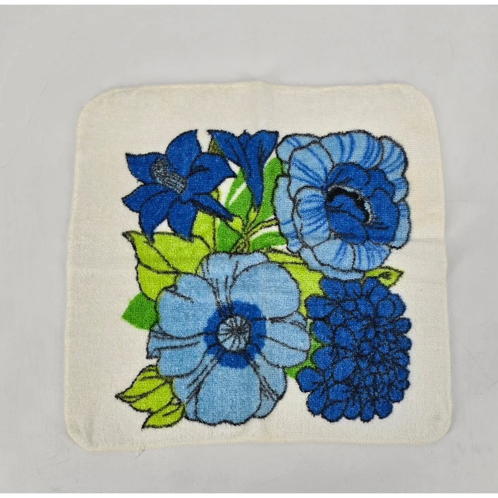 Vintage Cannon Floral Bath Towel Washcloth Set Blue Green Mod 60s 70s USA